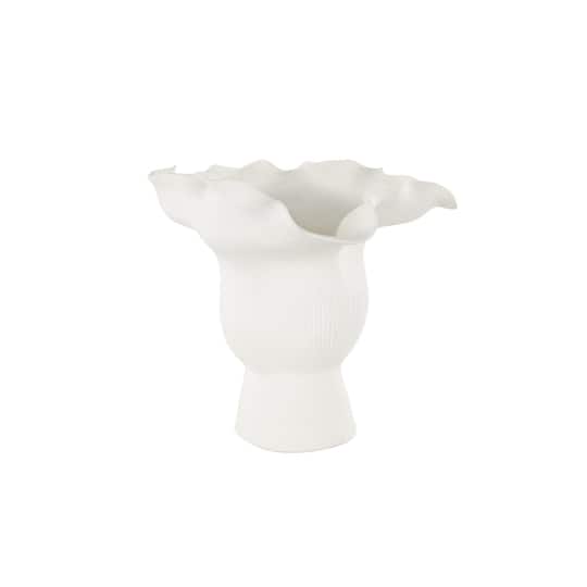 9.75" White Ceramic Abstract Floral Vase with Linear Grooves